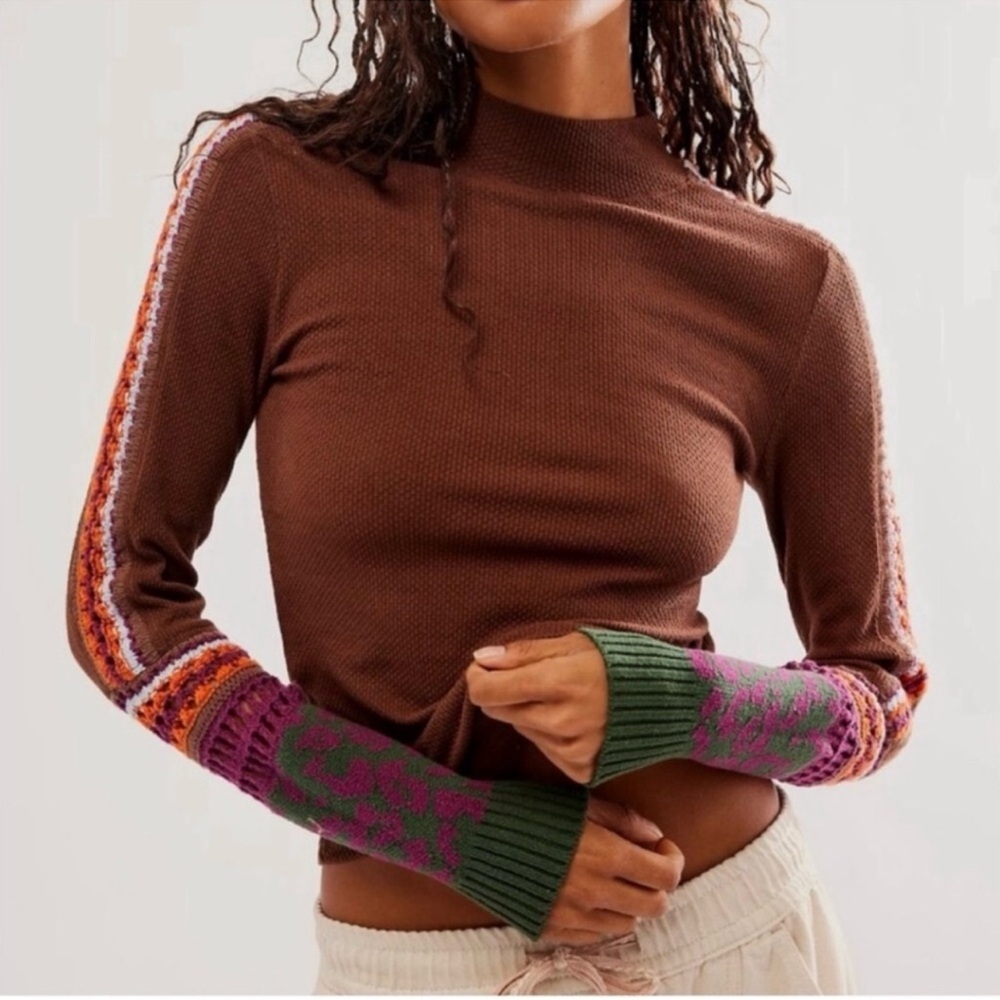 Free People Brown Knit Long Sleeve Top with Multicolor Fair Isle Sleeves